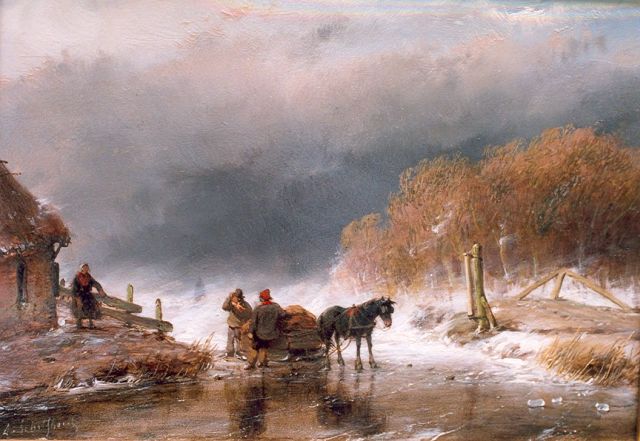 Schelfhout A.  | A horse sledge with figures on ice, oil on panel 15.8 x 23.0 cm, signed l.l. and painted ca. 1860