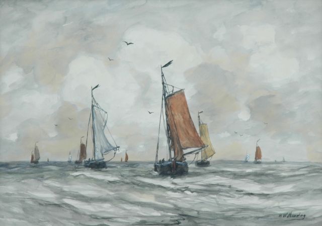 Hendrik Willem Mesdag | 'Bomschuiten' in full sail, watercolour on paper, 40.5 x 56.5 cm, signed l.r.