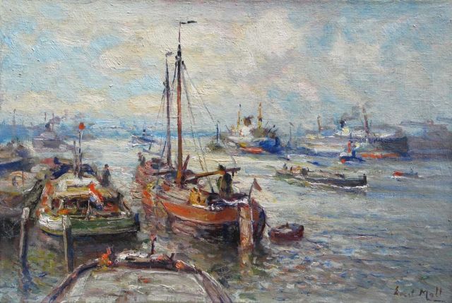 Moll E.  | Ship traffic at Rotterdam's harbour, oil on canvas 40.4 x 60.0 cm, gesigneerd r.o.