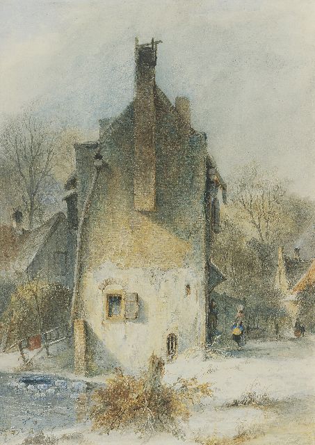 Schelfhout A.  | A Dutch town view in winter, pen, brown ink and watercolour on paper 37.9 x 27.0 cm