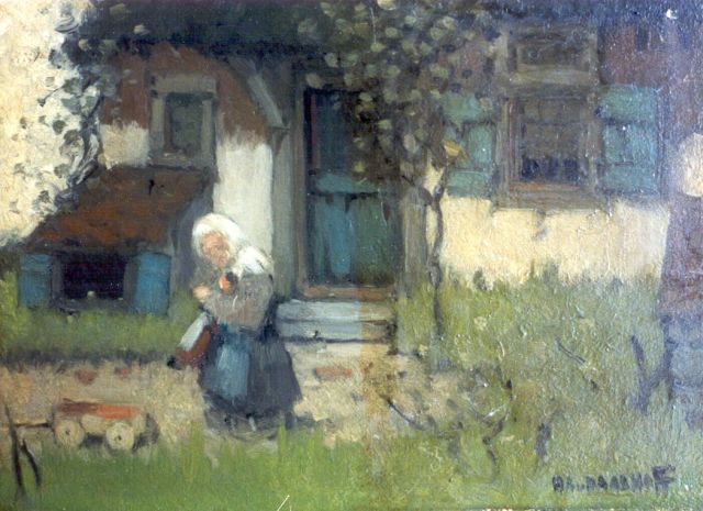 Daalhoff H.A. van | A little girl on a farmyard, oil on panel 12.0 x 16.0 cm, signed l.r. and dated 1904