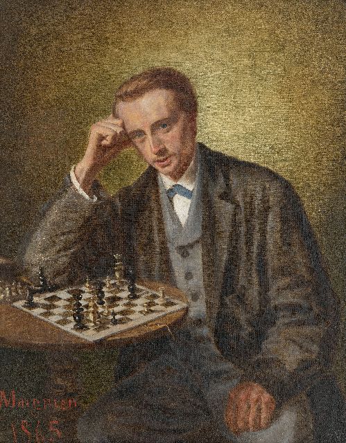 Maignien | The chess player, oil on canvas laid down on panel, 30.5 x 24.2 cm, signed l.l. and dated 1865