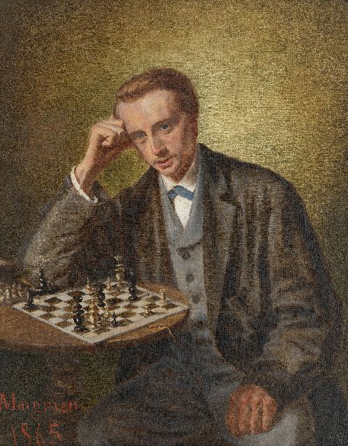 Maignien   | The chess player, oil on canvas laid down on panel 30.5 x 24.2 cm, signed l.l. and dated 1865