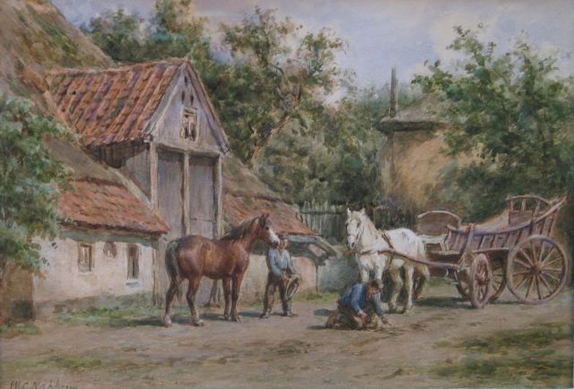 Willem Carel Nakken | Putting the horses to the carriage, watercolour on paper, 28.3 x 39.2 cm, signed l.l.