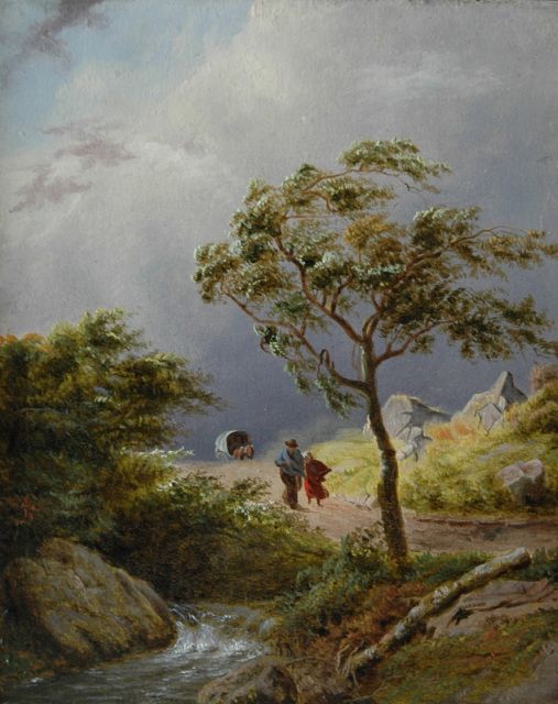 Klombeck J.B.  | Country folk on a path in a rising storm, oil on panel 15.6 x 12.6 cm