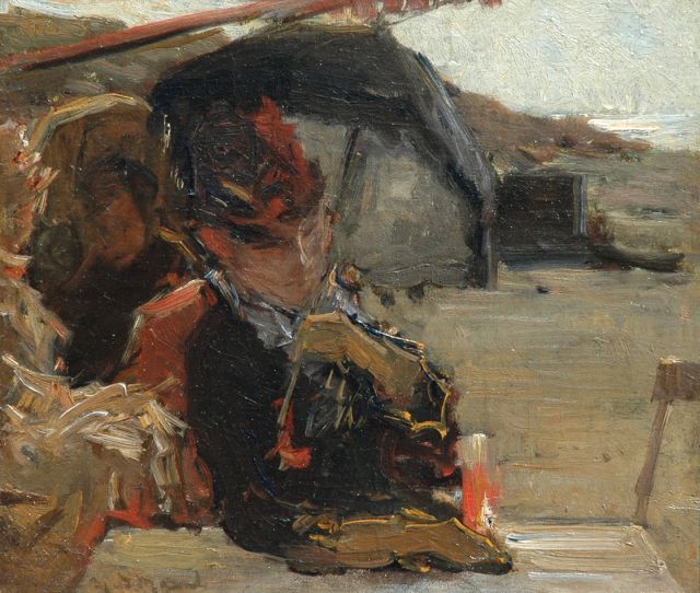 Maarel M. van der | A woman on a terrace in the dunes, oil on canvas laid down on panel 23.8 x 27.2 cm, signed l.l.