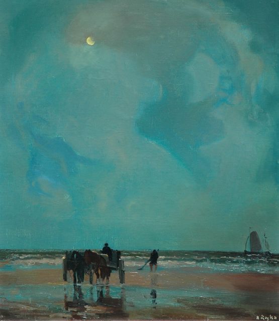 Harrie Kuijten | Shell-fishermen on a moonlit beach, oil on canvas, 70.4 x 60.4 cm, signed l.r.