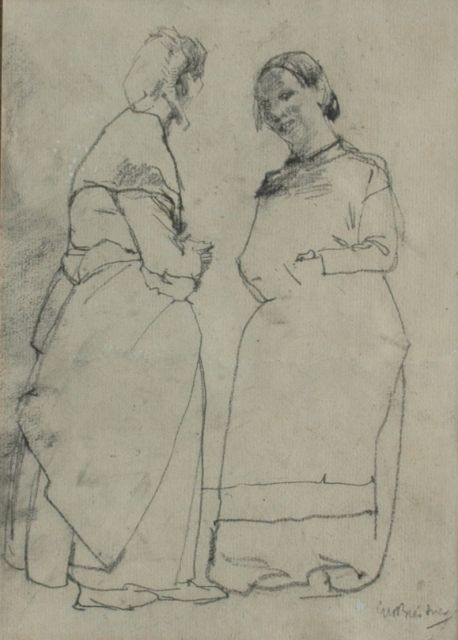 Breitner G.H.  | Two servants busy talking, black chalk on paper 23.5 x 16.5 cm, signed l.r.