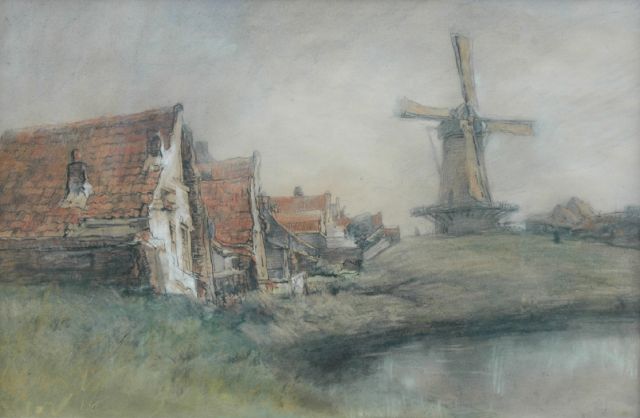 Jan Hillebrand Wijsmuller | Houses and a windmill in a Dutch landscape, coloured chalk on paper, 40.0 x 59.0 cm, signed l.r.