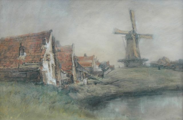 Wijsmuller J.H.  | Houses and a windmill in a Dutch landscape, coloured chalk on paper 40.0 x 59.0 cm, signed l.r.