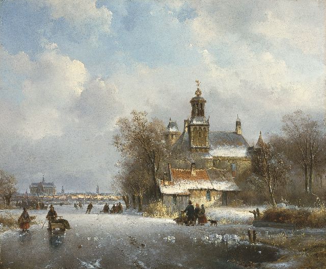 Lodewijk Johannes Kleijn | A winter landscape with the St. Bavo church in the distance, oil on panel, 34.7 x 42.3 cm, signed l.r.