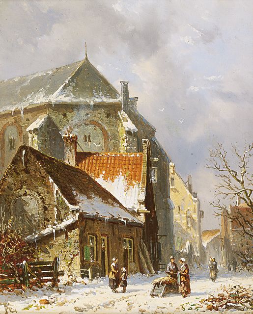 Adrianus Eversen | Figures in a snow-covered town, oil on panel, 19.1 x 15.2 cm, signed l.l. with monogram