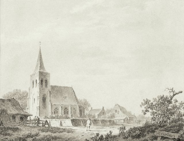 Barend Cornelis Koekkoek | A village church on a sandy path, pen, brush and ink on paper, 15.5 x 19.5 cm, signed l.r.