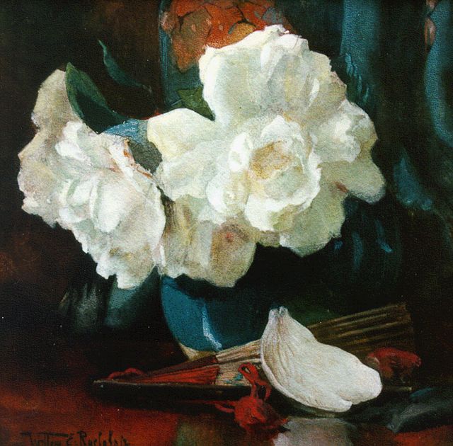 Willem Elisa Roelofs jr. | Still life with white roses, watercolour on paper, 24.9 x 25.5 cm, signed l.l.