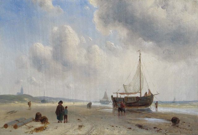 Charles Leickert | Barges and fishermen on the beach of Scheveningen, oil on panel, 15.8 x 23.2 cm, signed l.r.