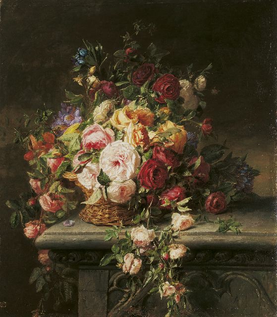 Haanen A.J.  | Basket with roses on a garden bench, oil on canvas 101.5 x 88.0 cm, signed l.c.