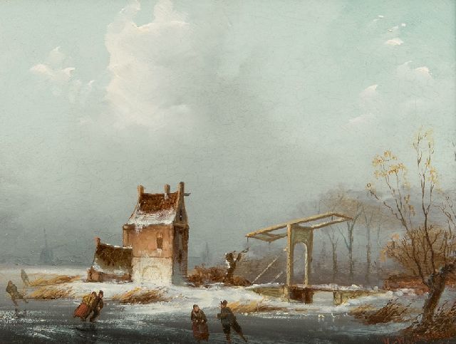 Moerkerken H. van | Skaters near a drawbridge, oil on panel 14.1 x 16.7 cm, signed l.r.