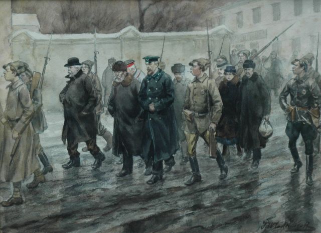 Ivan Alexejevitsj Vladimiroff | Carrying off the prisoners, watercolour and washed ink on paper, 25.5 x 34.5 cm, signed l.r. and dated 1918