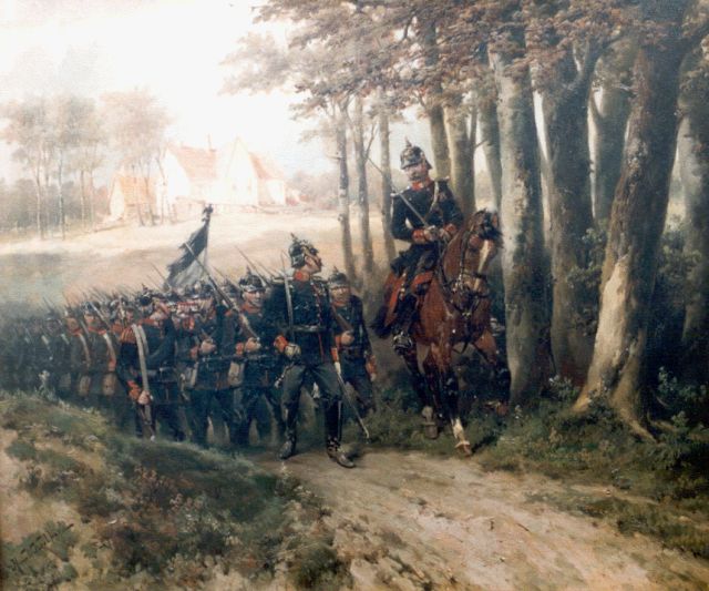 Koekkoek H.W.  | Prussian infantry on the march, oil on canvas 56.5 x 66.0 cm, signed l.l. and painted ca. 1890