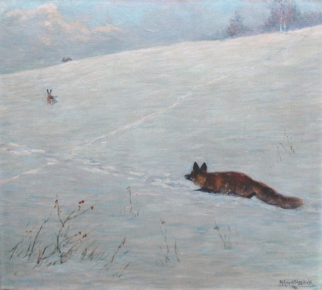Alfred Moritz Mailick | Hunting in the snow, oil on canvas, 41.1 x 46.2 cm, signed l.r. and dated '16