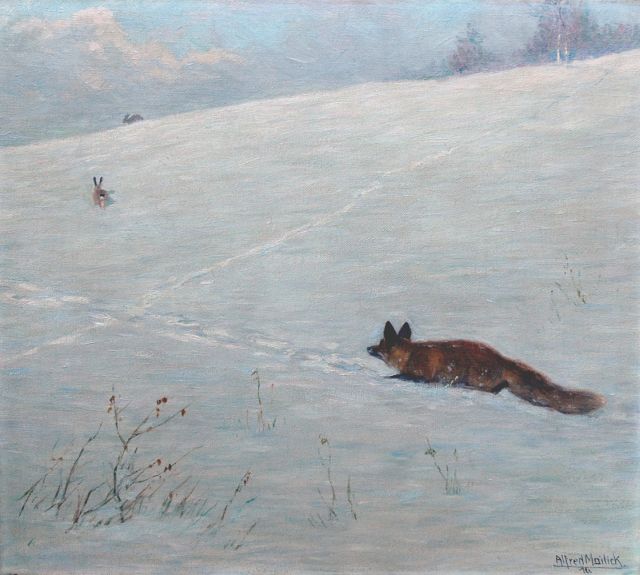 Mailick A.M.  | Hunting in the snow, oil on canvas 41.1 x 46.2 cm, signed l.r. and dated '16