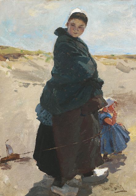 Hans von Bartels | Reverie: a fisherman's wife with her child on the beach of Katwijk, oil on canvas, 47.6 x 33.3 cm, signed l.r.