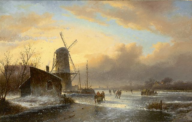 Spohler J.J.C.  | Skaters and a koek-en-zopie near a windmill, oil on canvas 44.2 x 67.8 cm