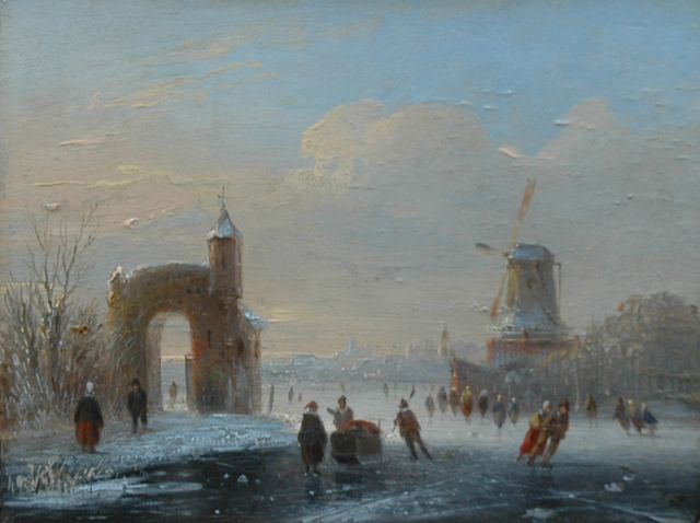 Stok J. van der | A frozen river with skaters, oil on panel 11.3 x 14.9 cm