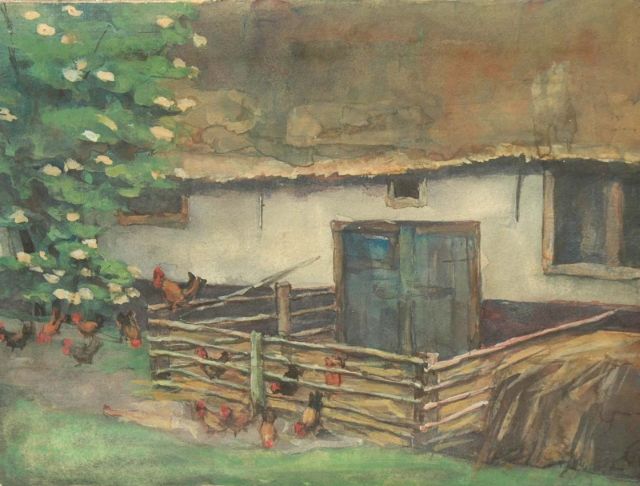 Fritzlin M.C.L.  | A yard with chickens, watercolour on paper 14.2 x 19.1 cm