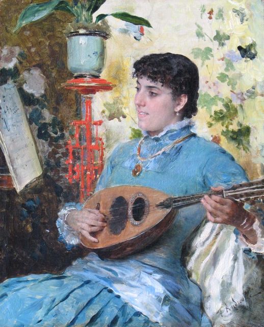 Andreotti F.  | The lute-player, oil on canvas 31.1 x 25.6 cm, signed l.r.