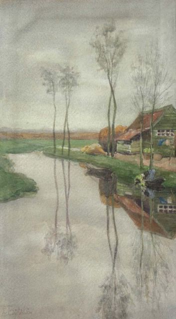 Fritzlin M.C.L.  | A farm with trees near the water, watercolour on paper 37.5 x 21.4 cm, signed l.l.