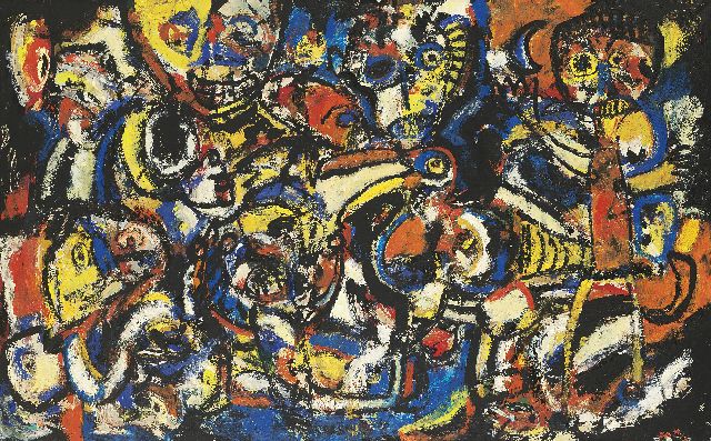 Romijn G.A.M.  | A composition of figures and animals, oil on canvas 60.2 x 99.8 cm, signed l.c. and 1950