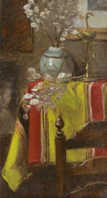 Louise Fritzlin | A still life with satin-flowers, oil on board laid down on panel, 21.3 x 11.8 cm