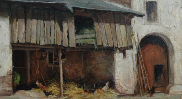 Fritzlin M.C.L.  | A farm-yard with chickens in the Eiffel, oil on panel 12.7 x 22.6 cm, painted 1908