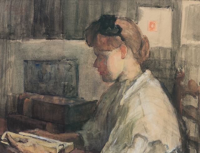 Louise Fritzlin | A girl reading, watercolour on paper laid down on board, 32.5 x 42.0 cm, signed u.l. and painted 1908