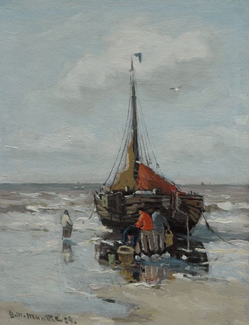 Morgenstjerne Munthe | Unloading the catch, oil on painter's board, 25.9 x 19.9 cm, signed l.l. and dated '24