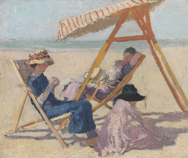 Smeers F.  | On the beach; verso: the daughters of the painter, oil on panel 44.0 x 54.5 cm, signed on the reverse