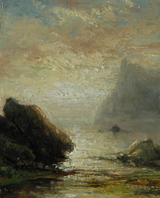 Koekkoek J.H.B.  | A coastal landscape at sunset, oil on panel 11.1 x 9.1 cm