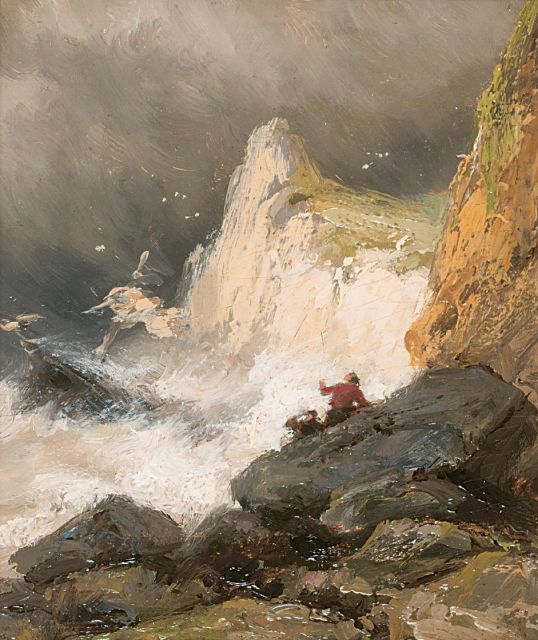 Jan H.B. Koekkoek | Shipping in distress, oil on panel, 11.1 x 9.1 cm, signed traces of signature