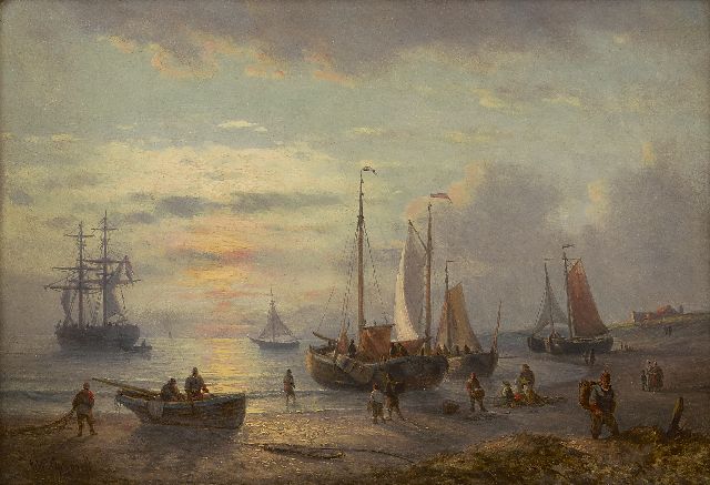 George Willem Opdenhoff | Fishermen and barges on the beach, at sunset, oil on panel, 21.6 x 31.1 cm, signed l.l.
