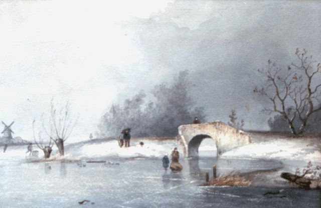 Louis Apol | A frozen river with skaters by a bowbridge, watercolour on paper, 22.3 x 32.3 cm, signed l.l. and painted ca. 1867