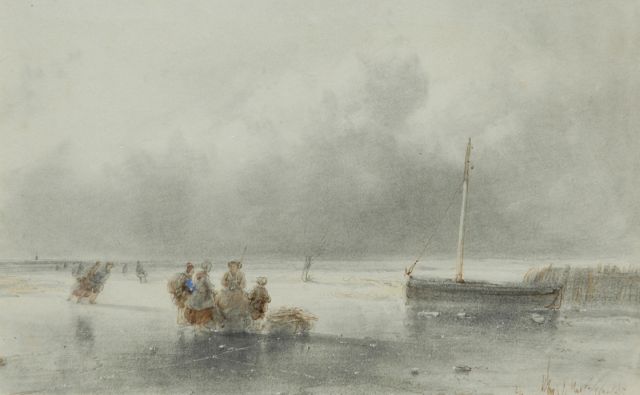 Andreas Schelfhout | A frozen waterway with skaters, pen, ink and watercolour on paper, 12.0 x 18.5 cm, signed l.r.