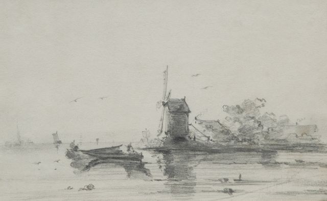 Schelfhout A.  | A windmill along a river bend, pencil on paper 16.8 x 24.6 cm, signed l.r. and painted 1848