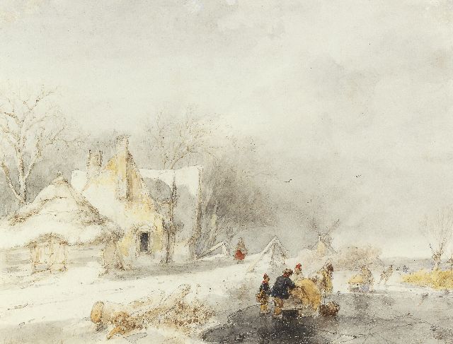 Andreas Schelfhout | Skaters in a frozen winter landscape, watercolour on paper, 20.9 x 26.4 cm, signed l.l. and painted 1848