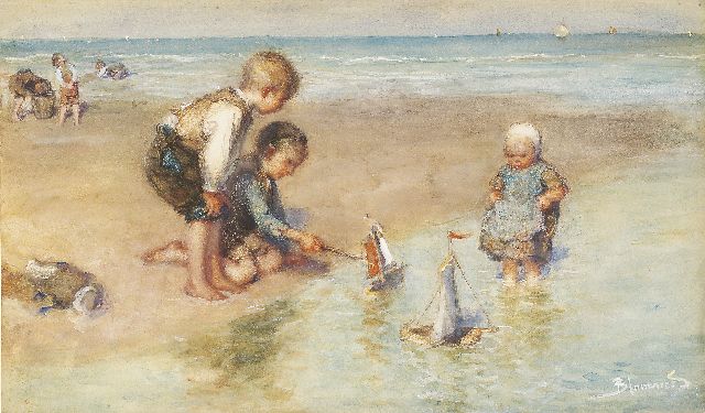 Bernard Blommers | Playing on the beach, watercolour and gouache on paper, 31.8 x 54.5 cm, signed l.r.