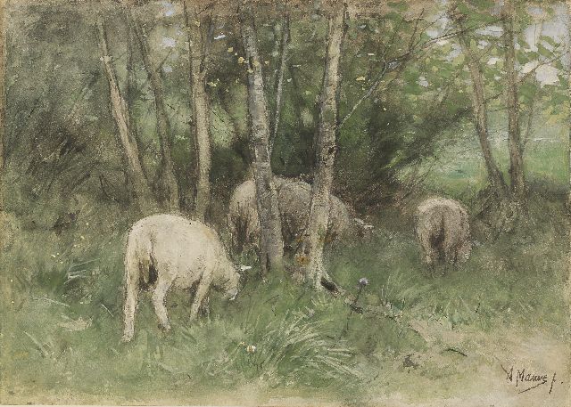 Anton Mauve | Grazing sheep among birch trees, pencil and watercolour on paper laid down on panel, 25.1 x 35.1 cm, signed l.r.