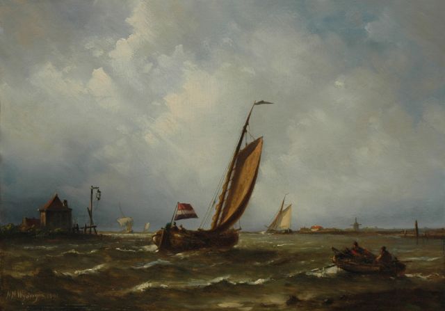 Wijdoogen N.M.  | A Dutch sailing vessel putting out to sea, oil on panel 26.0 x 37.0 cm, signed l.l. and painted 1891