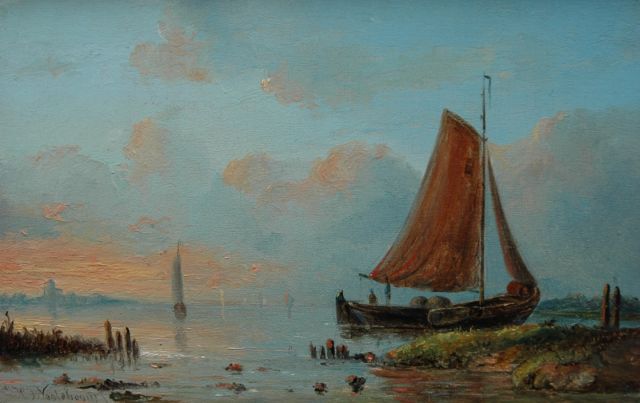 Nooteboom J.H.J.  | A moored fishing boat at sunset, oil on panel 11.0 x 17.4 cm, signed l.l.