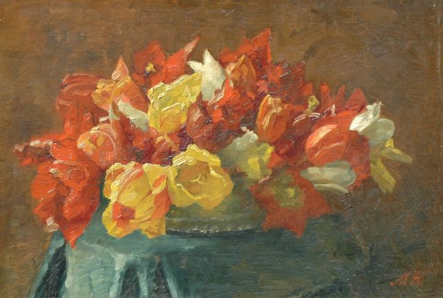 Marie Heineken | Red and yellow tulips, oil on canvas laid down on board, 37.2 x 53.9 cm, signed l.r. with tulips