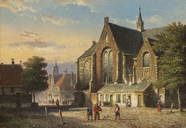 Koekkoek W.  | Figures on a village square, oil on panel 21.5 x 31.2 cm, signed l.r. with initials and painted 1860